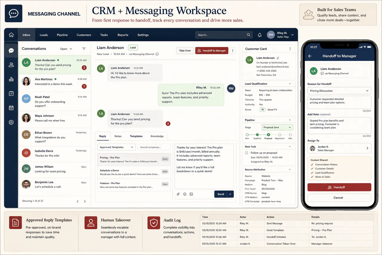 Демонстрационный интерфейс CRM и переписки с клиентами