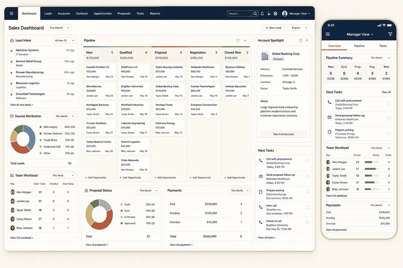 Демонстрационный интерфейс CRM отдела продаж